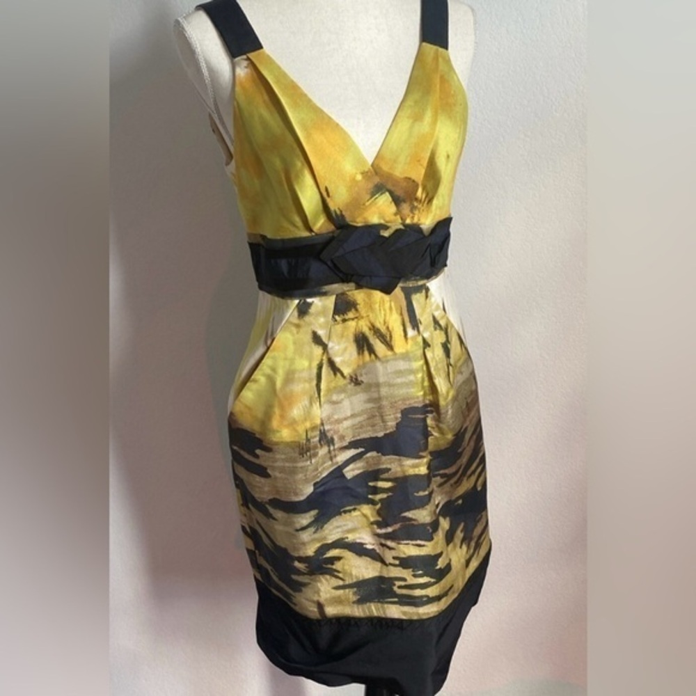 BCBGMaxAzria Yellow and Black Patterned Midi Dress Size 2